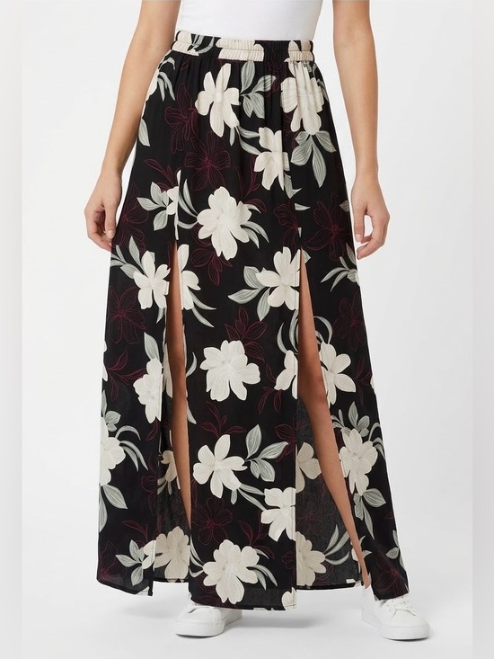 La Vie En Rose Dresses & Skirts - La Vie En Rose Aqua Double-Slit Floral Maxi Skirt Size Small Cream/Black